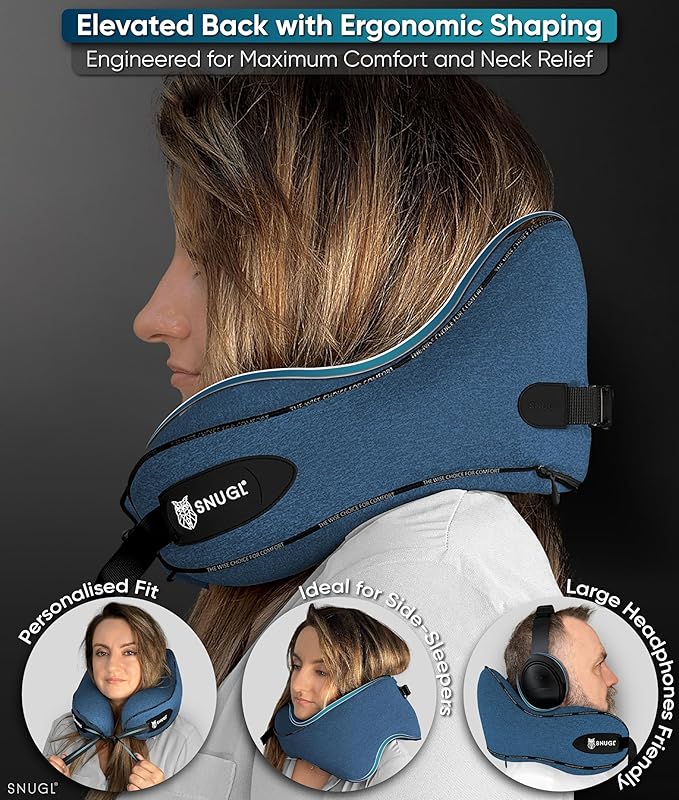 SNUGL Neck Travel Pillow - Memory Foam Airplane Pillow - Flight Pillow | Neck Support Travel Pillow with Carry Bag & Clip | Neck Pillows for Sleeping Travel Plane | Flying Travel Essentials - Blue