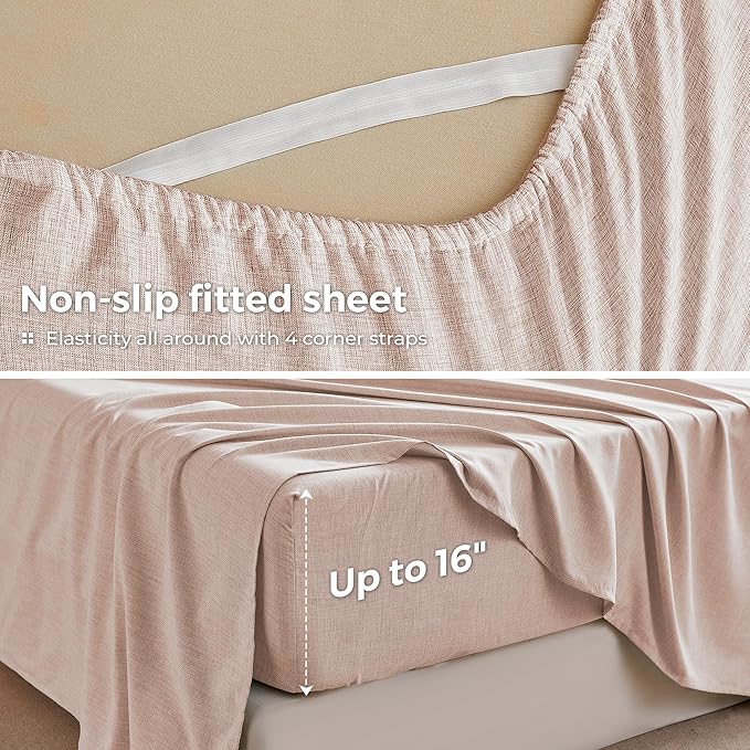 Twin Sheets Light Pink, Ultral Soft Cationic Linen Look Sheets, Luxury Cooling Cozy Bed Sheet Set with Non-Slip Fitted Sheet