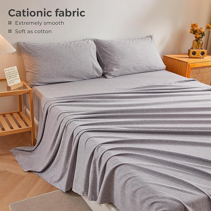 Queen Sheets Dark Grey, Ultral Soft Cationic Linen Look Sheets, Luxury Cooling Cozy Bed Sheet Set with Non-Slip Fitted Sheet