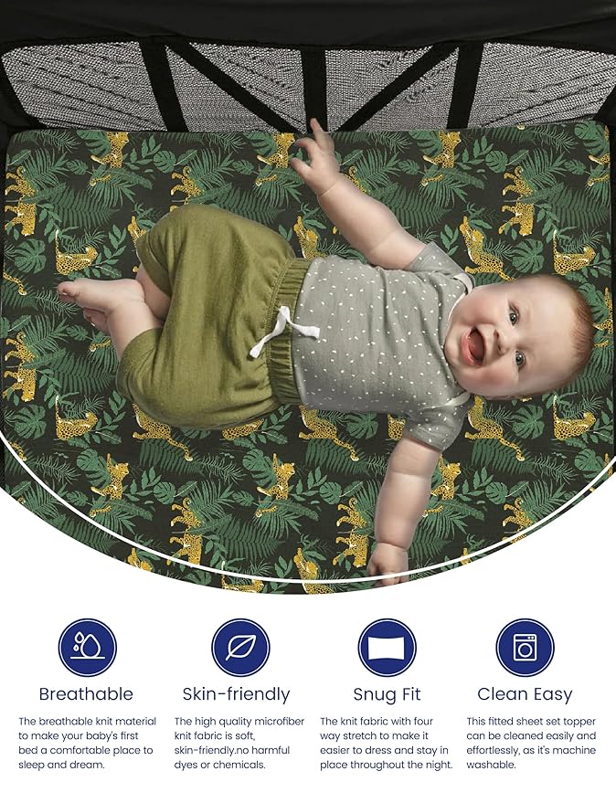TotAha Premium Soft Pack n Play Sheets, Super Stretchy Jersey Knit Mini Crib Sheets Fitted, Silky Comfort Graco Pack and Play Mattress Sheets 2-Pack, Wild Leopard