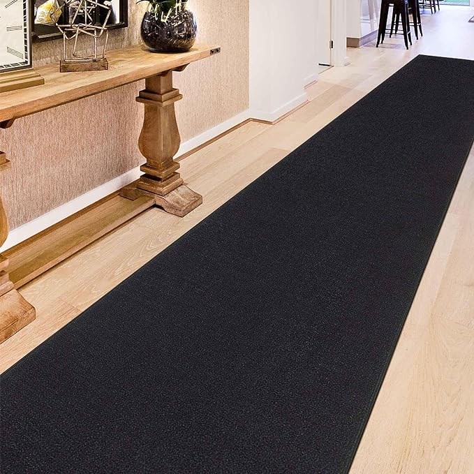 Machine Washable Modern Solid Design Non-Slip Rubberback 3x10 Traditional Runner Rug for Hallway, Kitchen, Bedroom, Living Room, 2'7" x 9'10", Black