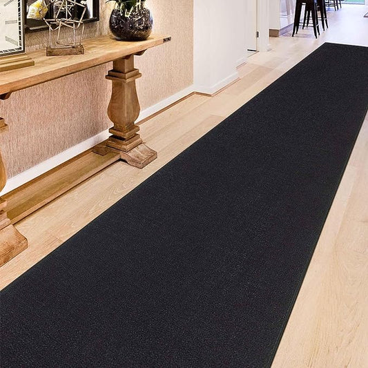 Machine Washable Modern Solid Design Non-Slip Rubberback 3x10 Traditional Runner Rug for Hallway, Kitchen, Bedroom, Living Room, 2'7" x 9'10", Black