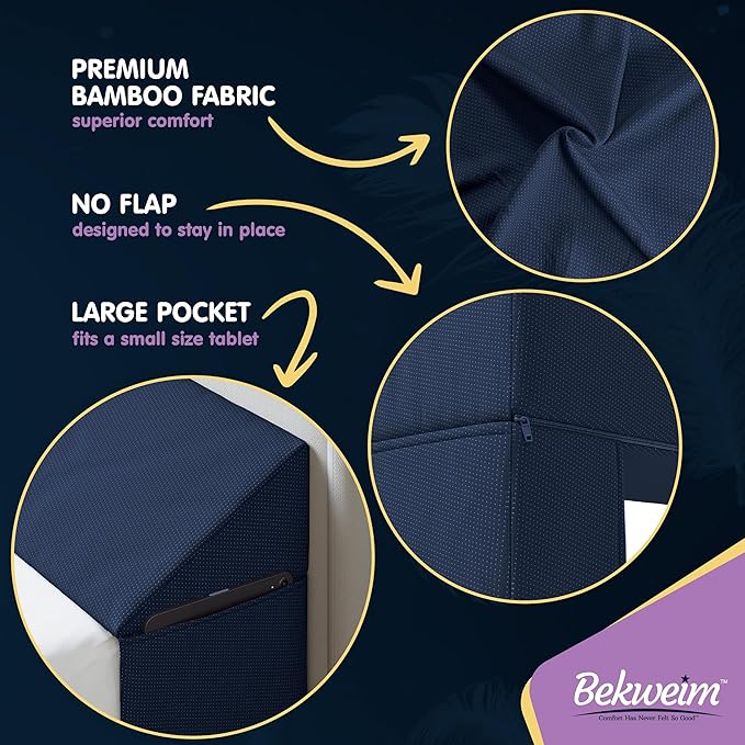 Wedge Pillow Headboard Bed Gap Filler California King - Headboard Pillow 72 X 10 X 6 - Long Pillow for Bed Wedge Gap Filler with Large Pocket for Bed Accessories - Mattress Gap Filler (Navy)