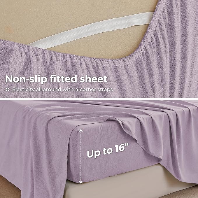 Queen Sheets Purple, Ultral Soft Cationic Linen Look Sheets, Luxury Cooling Cozy Bed Sheet Set with Non-Slip Fitted Sheet