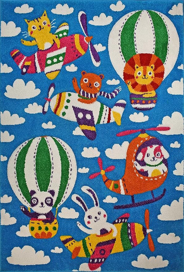 KC Cubs Play Area Rug Boy & Girl Modern Decor Multicolor Area Rug and Carpet Collection for Kids, Toddlers and Baby Nursery, Flying Animal Friends