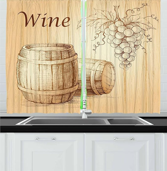 Ambesonne Wine Kitchen Curtains, Wooden Barrels and Bunch of Grapes on Wood Backdrop Botany Harvest Theme Artwork, Window Drapes 2 Panel Set for Kitchen Cafe Decor, 55" x 30", Brown Peach