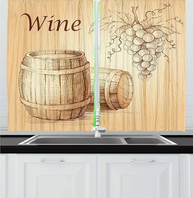 Ambesonne Wine Kitchen Curtains, Wooden Barrels and Bunch of Grapes on Wood Backdrop Botany Harvest Theme Artwork, Window Drapes 2 Panel Set for Kitchen Cafe Decor, 55" x 24", Brown Peach