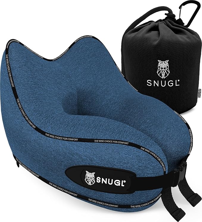 SNUGL Neck Travel Pillow - Memory Foam Airplane Pillow - Flight Pillow | Neck Support Travel Pillow with Carry Bag & Clip | Neck Pillows for Sleeping Travel Plane | Flying Travel Essentials - Blue