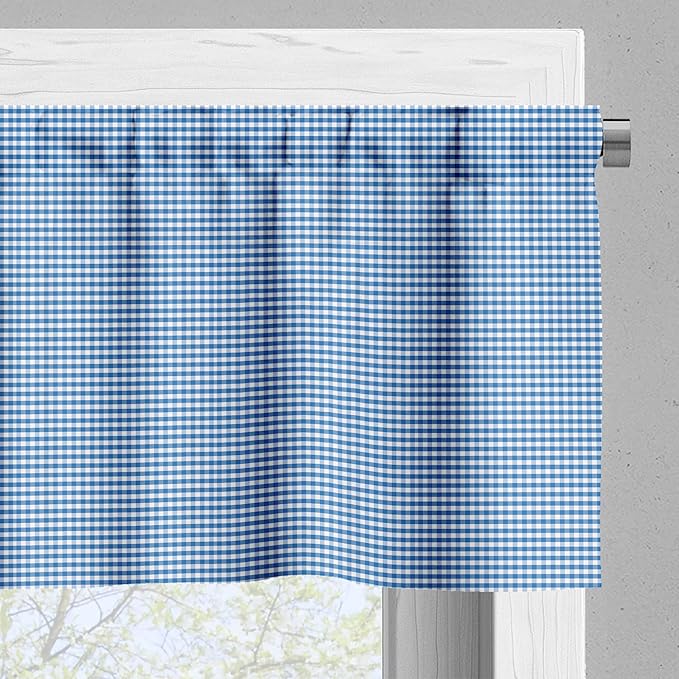 Ambesonne Checkered Valance & Tier Curtain 3 pcs Set, Monochrome Gingham Checks Classical Country Culture Old Fashioned Grid Design, Window Treatments for Kitchen Room Decor, 55" x 24", Blue White