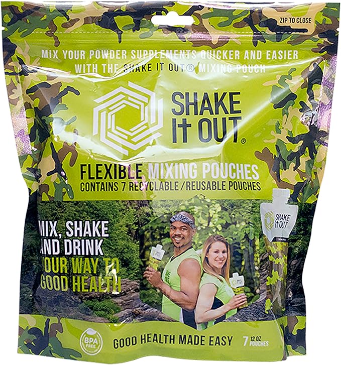 Shake It Out® is the on-the-go beverage container, better mixing, better tasting experience, disposable/recyclable. Compact, flexible design completely dissolves powder Supplements. (Camo, 7 Pack)