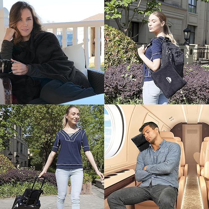 BlueHills Premium Soft Travel Blanket Pillow Airplane Blanket Packed in Soft Bag Pillowcase with Hand Luggage Belt and Backpack Clip, Compact Pack Large Blanket for Any Travel (Black T008)