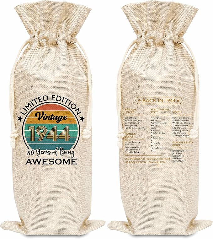 Disfuco 80th Birthday Wine Gift Bag, 1944 Birthday Gift Wine Bag, Burlap Wine Bottle Cover Bag For Women Men, Friends, Daughter, Son, Newphew, Niece, 1 Pc (B07)