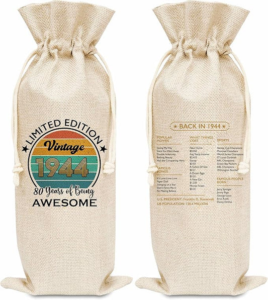Disfuco 80th Birthday Wine Gift Bag, 1944 Birthday Gift Wine Bag, Burlap Wine Bottle Cover Bag For Women Men, Friends, Daughter, Son, Newphew, Niece, 1 Pc (B07)