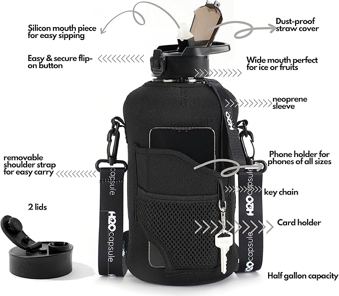 H2O Capsule 2.2L Half Gallon Water Bottle with Storage Sleeve and Removable Straw – BPA Free Large Reusable Drink Container with Handle - Big Sports Jug, 2.2 Liter (74 Ounce), Jet Black