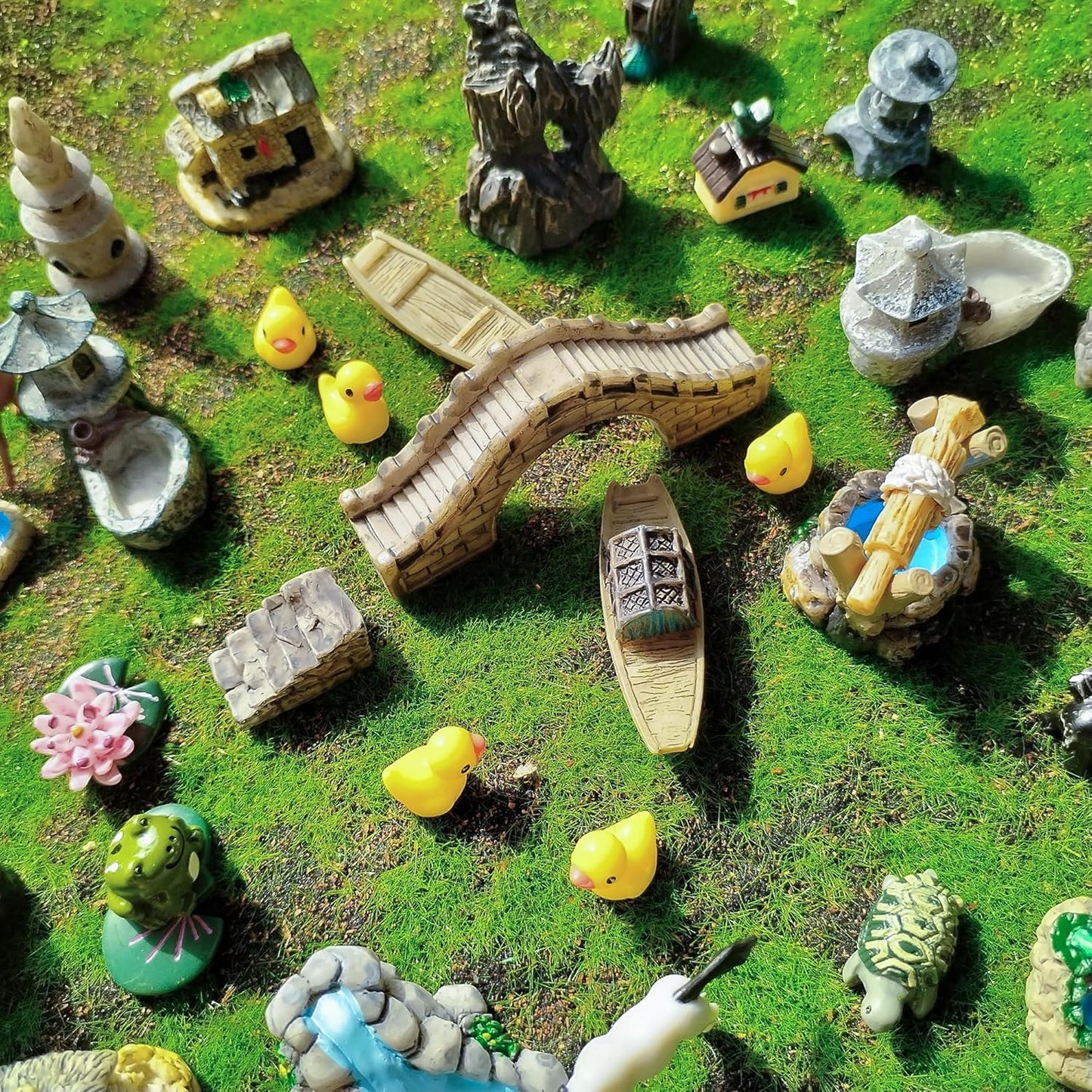 37PCS Fairy Garden Accessories, Miniature Nature Village Theme Fairy Garden Supplies for Outdoor, Mini Resin Animals House Bridge Pool Figurines Micro Landscape Succulent Plant Pots Terrarium Decor