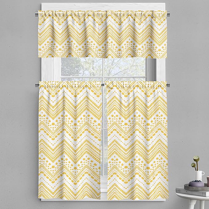 Ambesonne Yellow Chevron Valance & Tier Curtain 3 pcs Set, Hand Drawn Aztec Pattern Primitive Clan Motif with Dashed Lines Artwork, Window Treatments for Kitchen Room Decor, 55" x 45", Mustard White