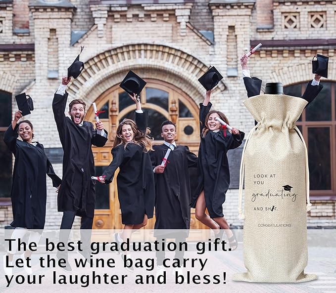 Graduation Wine Gifts Bag, Congratulations Graduation Reusable Wine Bag, Champagne Gifts Bag, Congrats Gifts For College Masters Doctorate Graduation Party, Burlap Drawstring Wine Bag With Card-18
