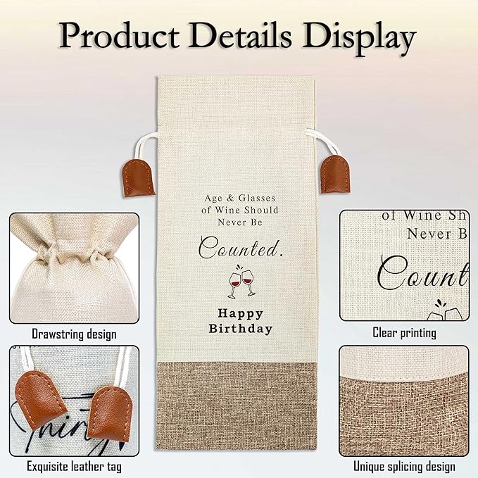Funny Birthday Wine Bag, Cotton Linen Wine Gift Bag With Drawstring, Wine Champagne Bottle Gift Bag, Birthday Gifts Ideas for Men Woman Her Girl Friend Sister, Birthday Party Favors-36