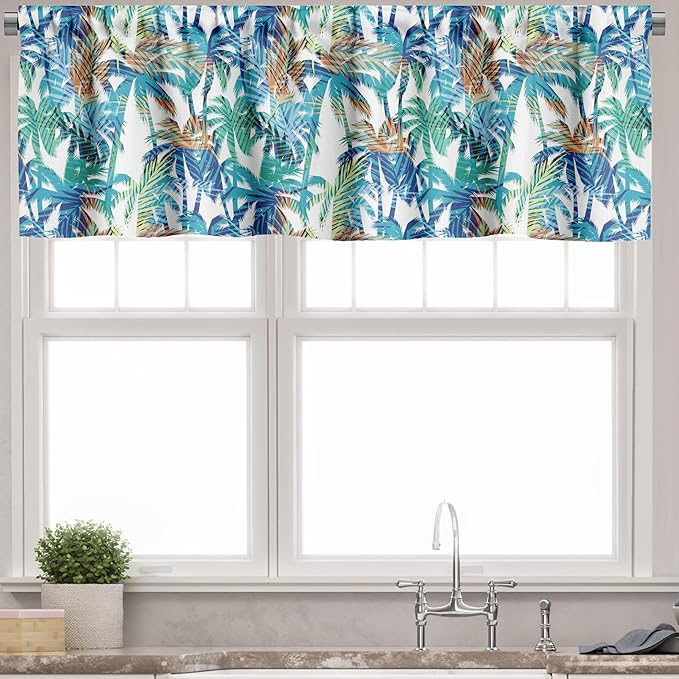 Ambesonne Palm Leaf Valance & Tier Curtain 3 pcs Set, Tropical Summer Print with Palm Abstract Nature Pattern Fantasy Dream, Window Treatments for Room Kitchen Decor, 55" x 24", Blue Mint Green Orange