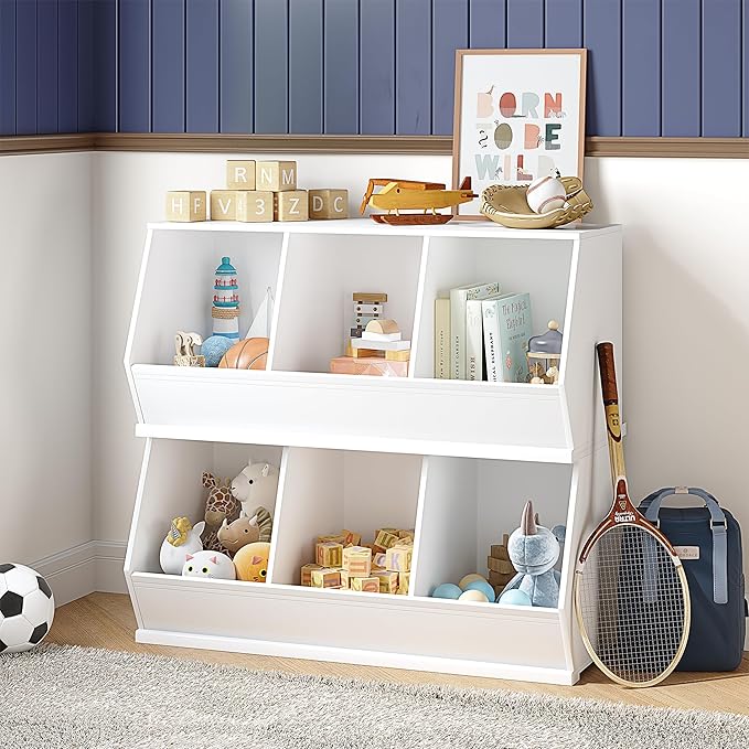 UTEX Toy Storage Organizer for Kids, Stackable Toy Storage Cabinet, Wooden Cubby Toy Organizer, White Toy Shelf for Playroom, Bedroom, Living room, Nursery, 3 Cubes