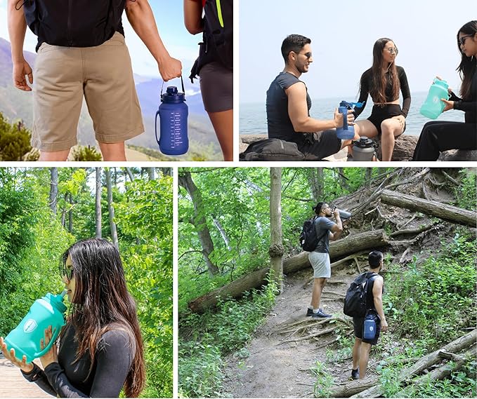 Collapsible Water Bottle for Traveling, Workout or Hiking 64oz Gen 2.0 - Motivational Water Bottle with Time Markings - Half Gallon / 2 L Capacity - BPA Free & Dishwasher Safe (Deep Blue + Filter)