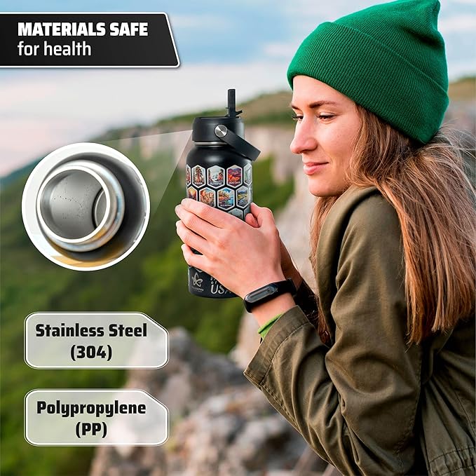 National Parks Water Bottle - Engraved Parks of the USA Bucket List Water Bottle - 63 National Park Stickers, Straw, Cleaning Set - Vacuum Sealed Stainless Steel Water Bottle - 32oz (Black)