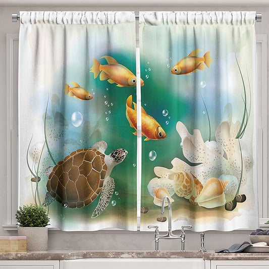 Ambesonne Turtle Kitchen Curtains, Ocean Life Illustration Aquarium Tropical Animals Goldfishes and Seashells, Window Drapes 2 Panel Set for Kitchen Cafe Decor, 55" x 39", Teal Orange
