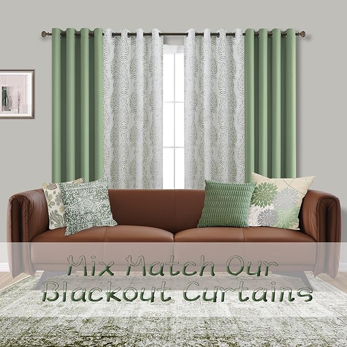 Mrs.Naturall Sage Green Blackout Curtains 90 Inches Long for Living Room 2 Panels Set,Grommet Light Blocking Thermal Insulated Room Darkening Boho Curtain Drapes for Bedroom,Light Green