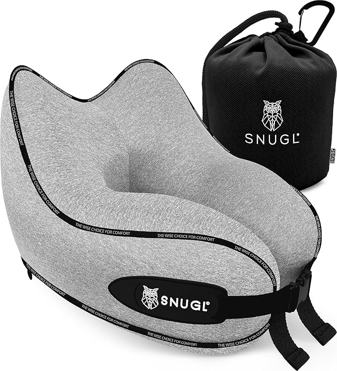 SNUGL Neck Travel Pillow - Memory Foam Airplane Pillow - Flight Pillow | Neck Support Travel Pillow with Carry Bag & Clip | Neck Pillows for Sleeping Travel Plane | Flying Travel Essentials - Grey