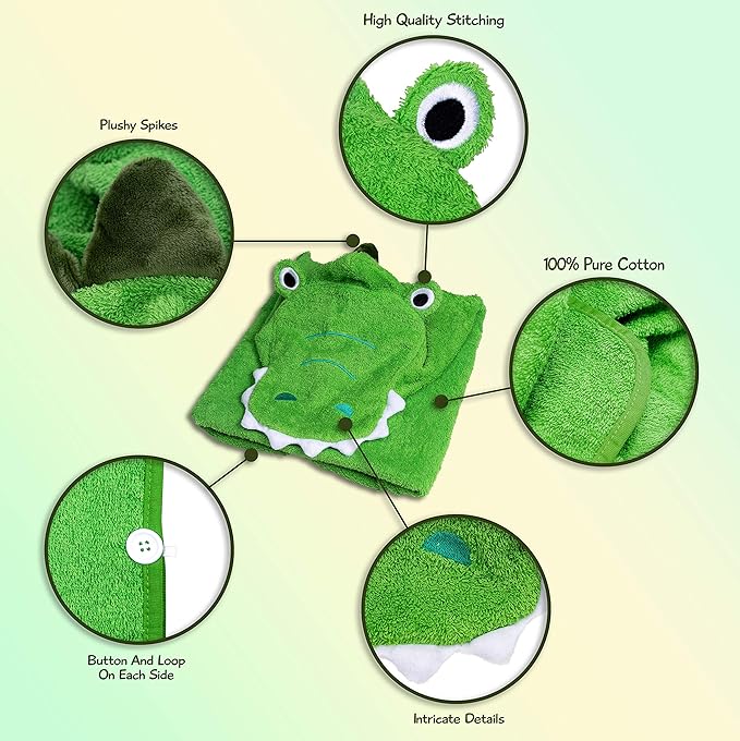 Premium Hooded Towel Poncho for Kids & Toddlers, Soft 100% Cotton, Ideal at Bath, Beach, Pool (Green Croc)