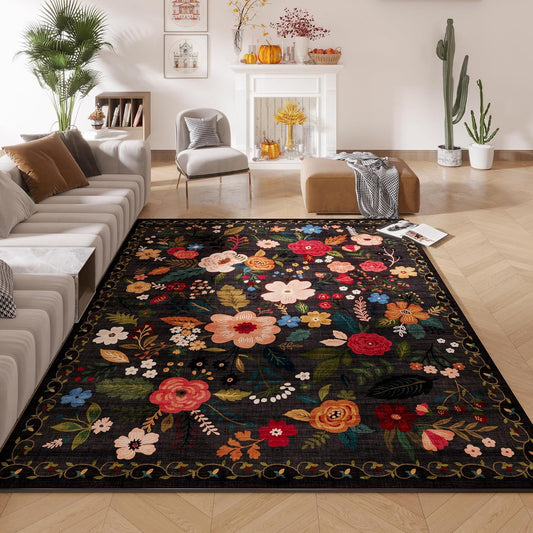 Living Room Rug 6x9 Rug Machine Washable Boho Area Rug Non Slip Floral Vintage Low Pile Large Rug for Living Room, Bedroom, Farmhouse, Dining Room, Kids Playroom(Black)