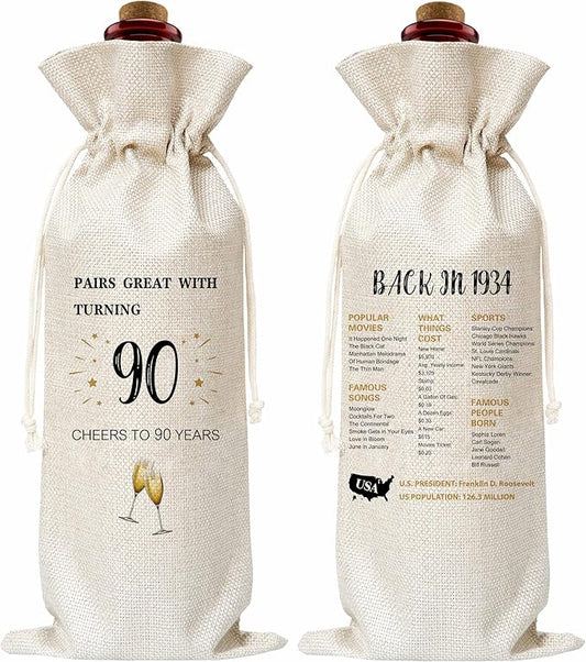 90th Birthday Wine Gift Bag, Cotton Burlap Wine Bags, 1934 Wine Bottle Cover Bag Birthday Gifts for Women, Men, Friends, Co-workers, Teachers, Grandpa, Grandma(01)