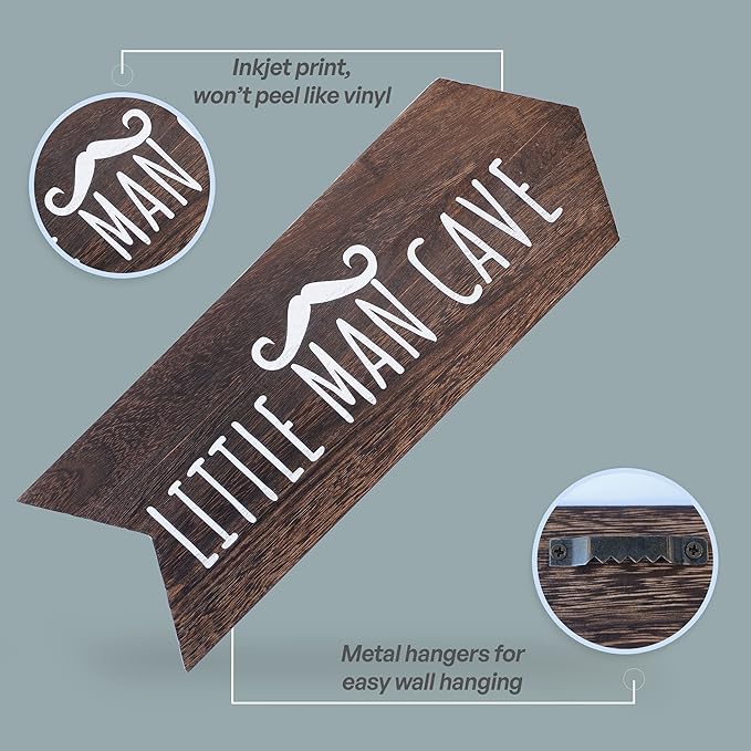 Nursery Wall Decor - 2 Pcs Little Man Cave Sign, Baby Boy Woodland Nursery Decor for Kids Toddler Bedroom Playroom Sign Decoration, Wooden Arrow Wall Art Brown (14 inch)