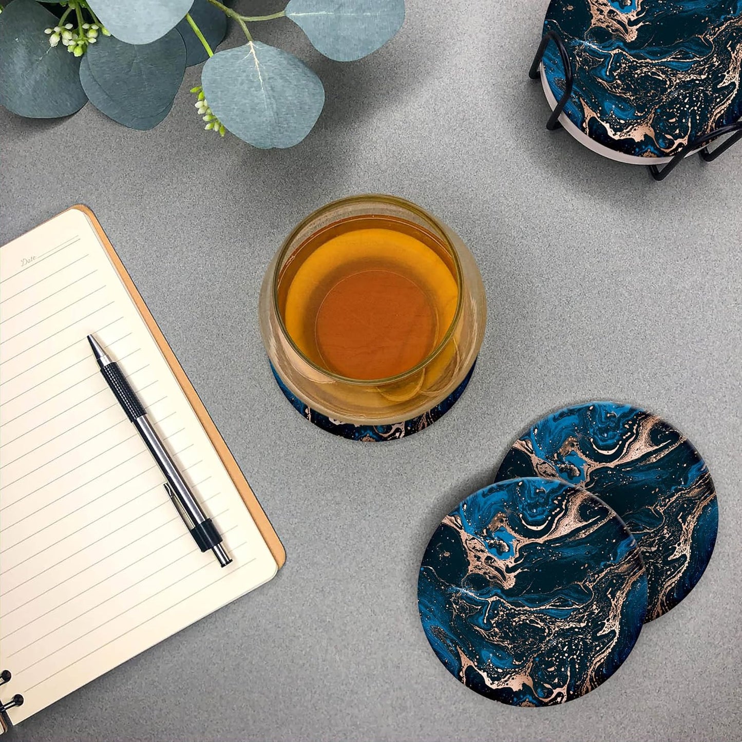 Emerson Coasters for Drinks Absorbent – Natural Stone Drink Coasters Set with Holder, Coasters for Coffee Table, Wooden Tabletop Protection Marble Style – 100% Heavy Duty Set of 6 (Royal)