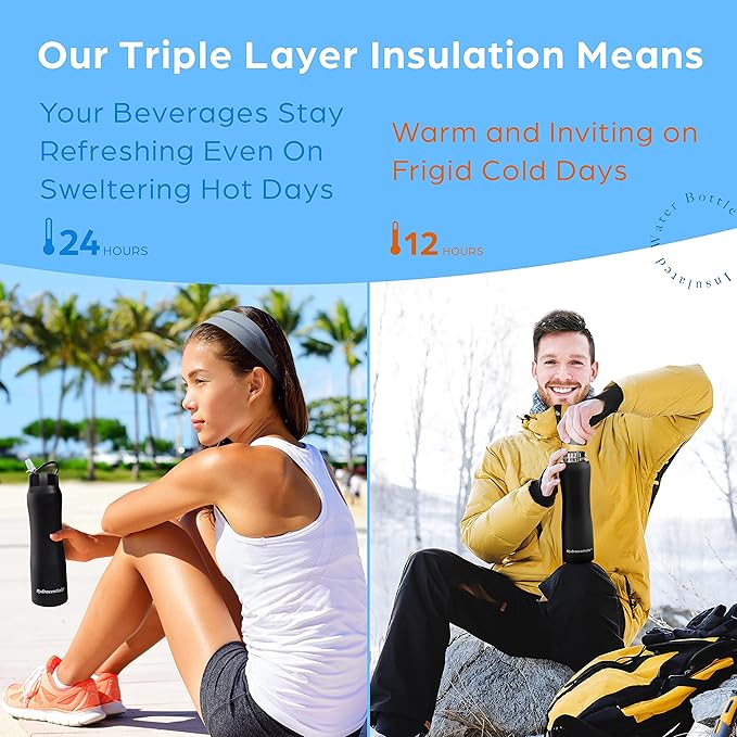 Insulated Stainless Steel Metal Water Bottle with Straw Lid - Vacuum Insulated Water Bottles, Keeps Hot and Cold - Sports Canteen Bottle