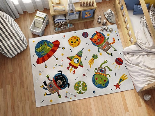 KC Cubs Boy & Girl Modern Decor Multicolor Area Rug and Carpet Collection for Kids, Toddlers and Baby Nursery, Animal Friends in Outer Space