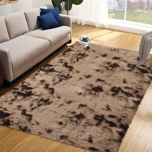 Fluffy Rug for Bedroom, Abstract Shaggy Soft Area Rugs for Living Room Nursery Kids Room, Non Slip Plush Throw Rug, Indoor Modern Floor Carpets for Dorm Office Kitchen, 5' x 8', Tie-dyed Brown
