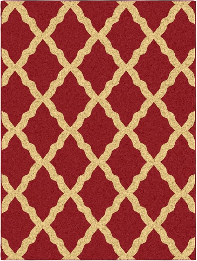 Machine Washable Trellis Design Non-Slip Rubberback 5x7 Traditional Area Rug for Living Room, Bedroom, Kitchen, Dining Room, 5' x 6'6", Red