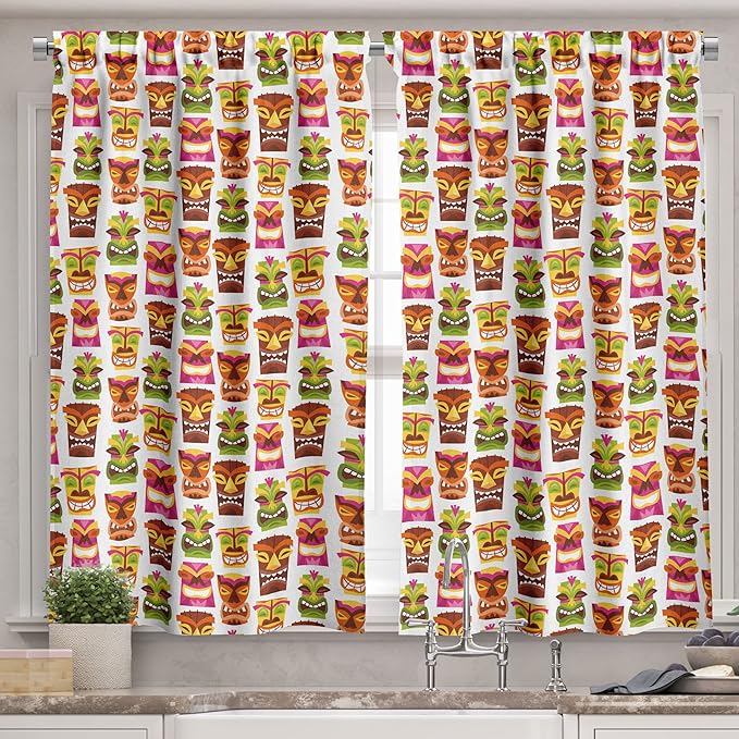 Ambesonne Tiki Bar Valance & Tier Curtain 3 pcs Set, Sixties Retro Inspired Hawaiian Party Happy Tiki Pattern Colorful, Window Treatments for Kitchen Room Decor, 55" x 36", White Brown