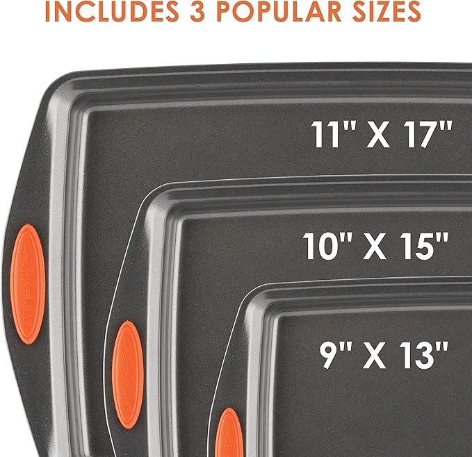 Rachael Ray Cucina Nonstick Cookware Pots and Pans Set, 12 Piece, Cranberry Red & Nonstick Bakeware Set with Grips, Nonstick Cookie Sheets/Baking Sheets - 3 Piece, Gray with Orange Grips