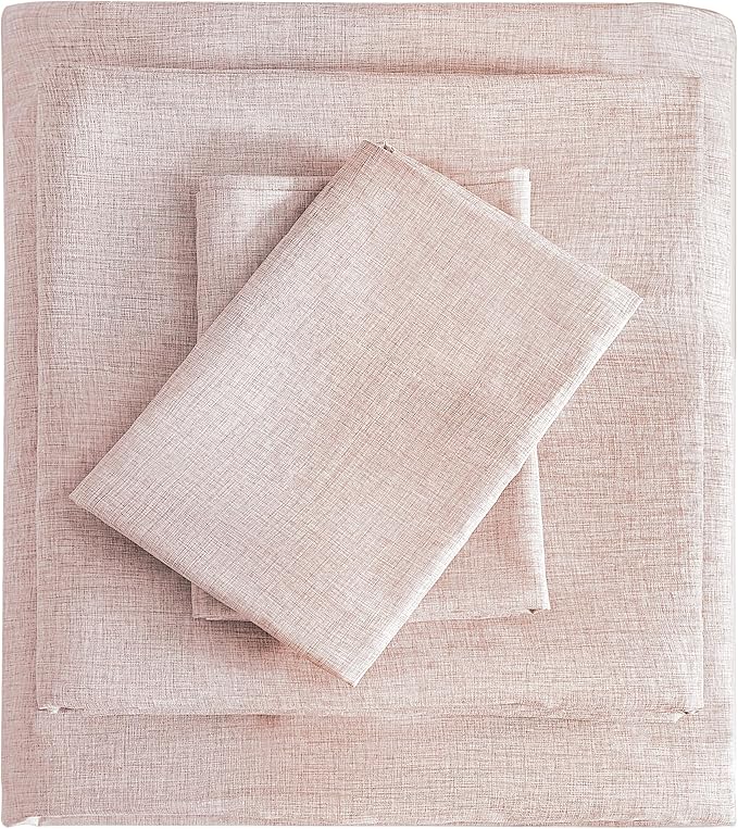 King Sheets Light Pink, Ultral Soft Cationic Linen Look Sheets, Luxury Cooling Cozy Bed Sheet Set with Non-Slip Fitted Sheet