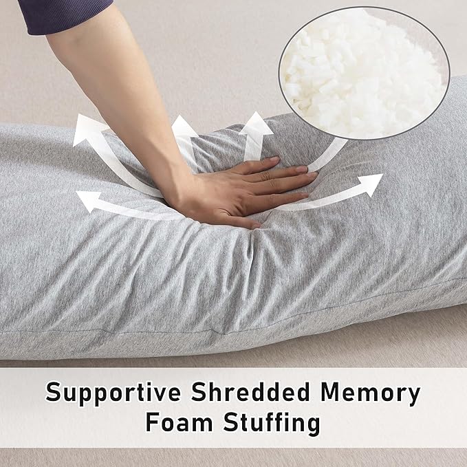 WhatsBedding Memory Foam Body Pillow with 100% Cotton Jersey Knitted Cover, Luxury Soft Large Long Pillow for Adults, Firm Full Body Pillow with Removable Zippered Pillow Case - Light Grey