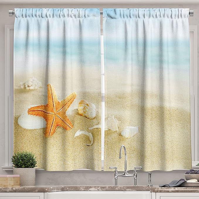 Ambesonne Starfish Kitchen Curtains, Tropical Caribbean Seacoast with Different Shells and Animals Relaxing Vacation, Window Drapes 2 Panel Set for Kitchen Cafe Decor, 55" x 39", Sand Pale Blue