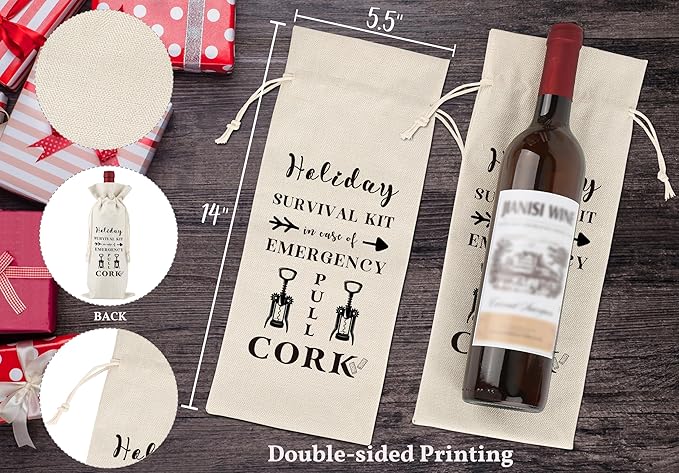 Holiday Survival Kit In Case of Emergency Pull Cork Wine Bag,Wine Bags For Mum,Favor Bag,Survival bag,Holiday Recovery Hangover Gift Bag,Goody Bag,Party Favor Bag,Reusable Wine Bag With Drawstring,L44