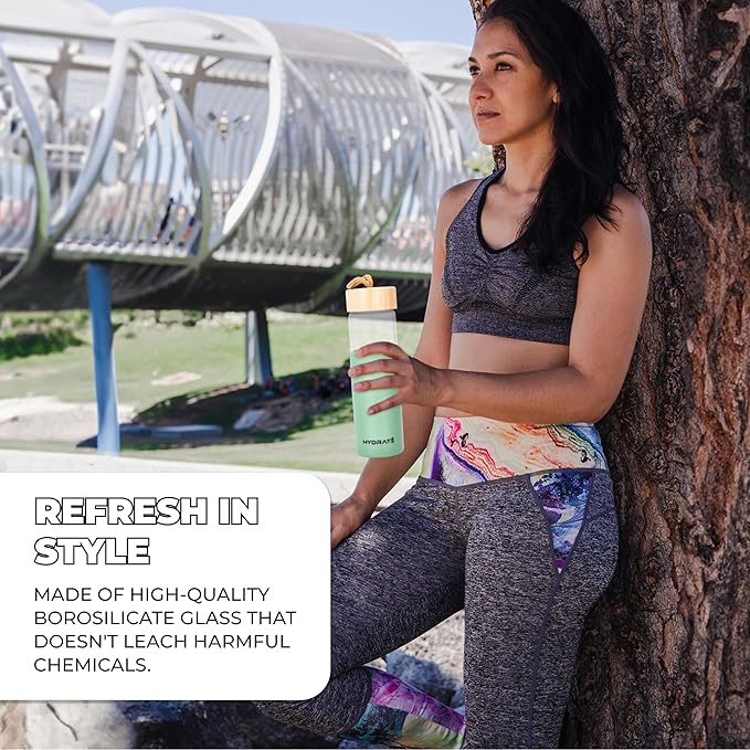 HYDRATE Glass Water Bottle, 25 oz - Gym Drinking Bottles with Slip Resistant Silicone Sleeve and Leak Proof Bamboo Lid - Clear Sports Bottle Made of Borosilicate Glass (10 x 3 inches, Olive Green)