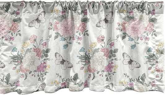 Ambesonne Shabby Flora Window Valance, Peonies Peas Roses Bouquet Butterflies Pastel Tones Bridal Theme, Curtain Valance for Kitchen Bedroom Decor with Rod Pocket, 54" X 12", Pink Green