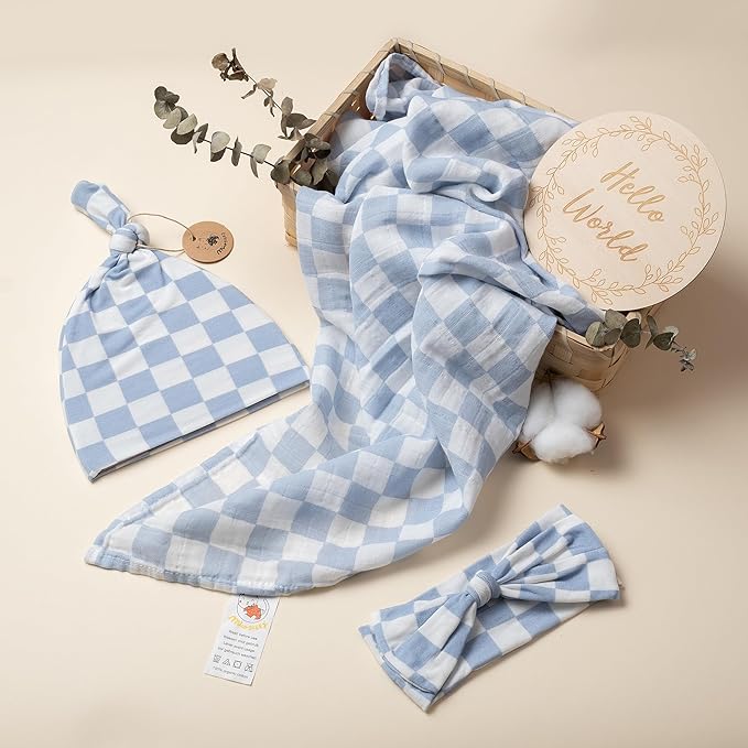 Miaoberry Checkered Muslin Swaddle Set, 100% Organic Cotton, Mist Blue,Checkerboard, Gender-neutral, with matching bow, hat and wooden baby arrival/announcement card