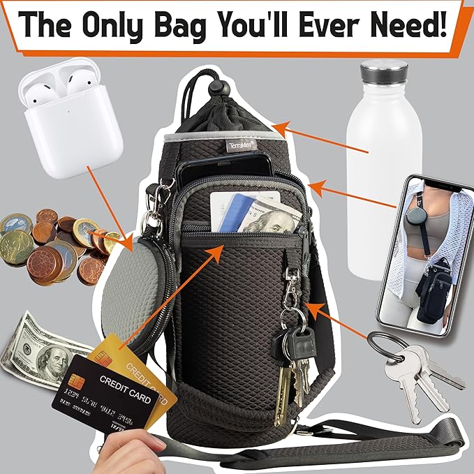 Water Bottle Holder with Strap - Water Bottle Carrier Sling Bag Crossbody with Metal Clips and Rings, Keychain, Extra Small Round Purse, Hook and Loop for Your Bike, Stroller, Backpack