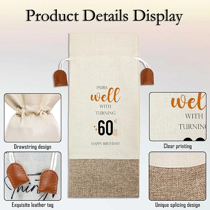 60th Birthday Wine Bag, Cotton Linen Wine Gift Bag With Drawstring, Wine Champagne Bottle Gift Bag, 60 Years Old Birthday Gifts for Woman Her Friend Sister, 60th Birthday Party Favors-29