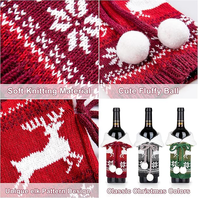 Whaline Christmas Wine Bottle Covers Knit Bottle Sweater with Faux Fur Collar Bow Pompom Red Green Gray Reindeer Snowflake Patterned Bottle Dress Christmas Winter Holiday Party Decor Supplies, 3Pcs